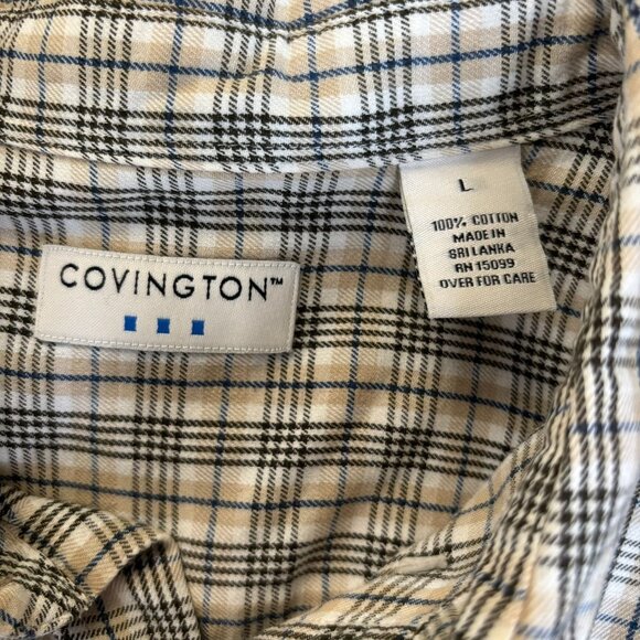Covington Button Down Long Sleeve Shirt L Beige Black Plaid Pocket Cotton - Picture 6 of 6